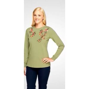 Denim & Co Womens Plus 2XL Embroidered Tunic Top Green Floral Jersey Stretch NWT